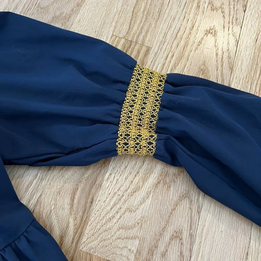 Elizabeth and James A-Line Blue peasant Dress puff sleeve Tiered Boho gold small